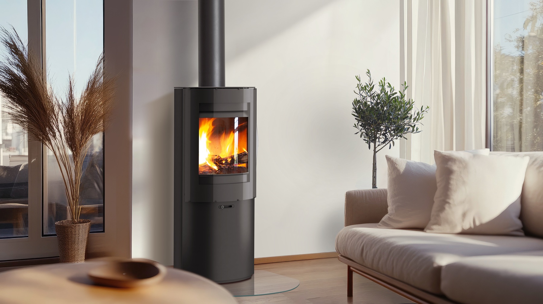 Modern minimalist living room with sunlight